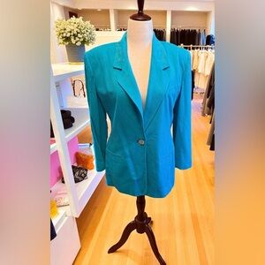 NWT Pappagallo Vtg Womens Blazer Sz 12 Teal Embroidered Neck Fake Pockets Lined